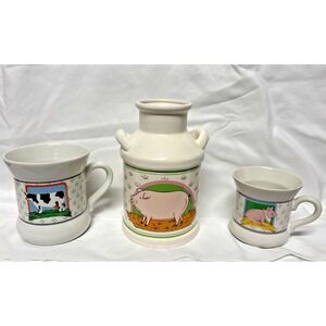 Vtg 1981 Vandor Country Collection Pelzman Designs Cow Pig Mugs & Milk Jug Set